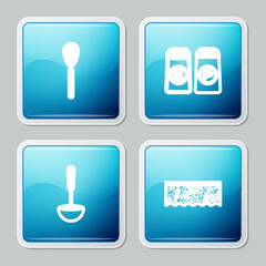 Set line Kitchen whisk, Salt and pepper, ladle and Sponge with bubbles icon. Vector