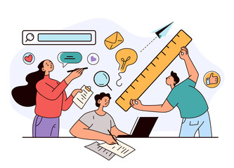 People woman man characters colleague development new project. Office teamwork coworkers presentation concept.
Vector flat modern style design illustration
