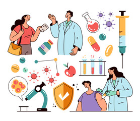 Doctor character making injection to patient. Vaccination and laboratory researching stop epidemic pandemic isolated set. Vector flat modern style design illustration