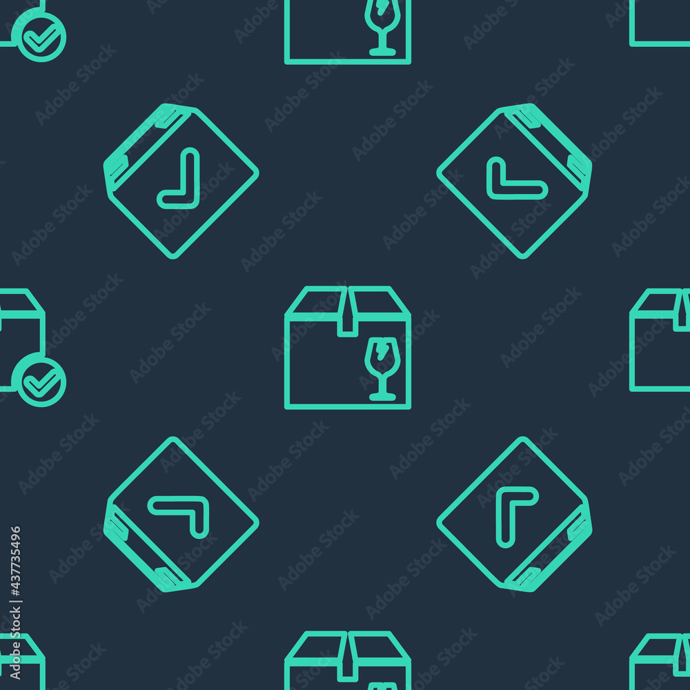 Aufkleber set line delivery box with fragile content, package check mark and on seamless pattern. vector