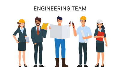Engineering teamwork flat character. Animation cartoon vector.