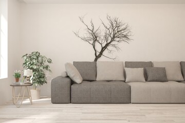 White living room with sofa. Scandinavian interior design. 3D illustration