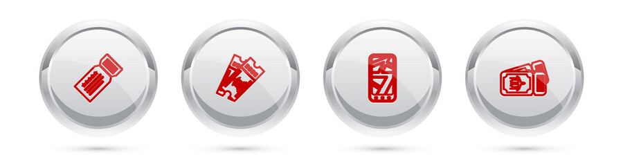 Set line Ticket, Museum ticket, Infographic of city map and Airline. Silver circle button. Vector