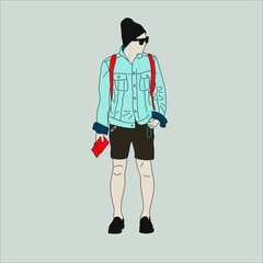 Vector illustration of Kpop street fashion. Street idols of Koreans. Kpop men's fashion idol. A guy in a blue denim jacket, black shorts.
