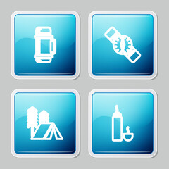 Set line Thermos container, Compass, Tourist tent and icon. Vector