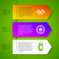 Set line Crossed wooden axe, Compass, Thermos container and Campfire. Business infographic template. Vector