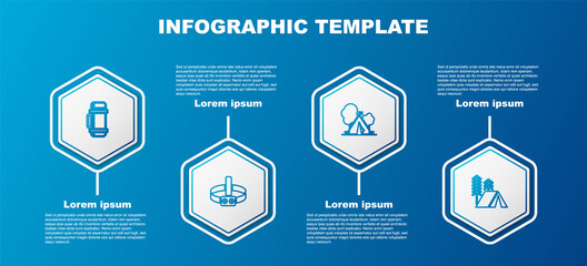 Set line Thermos container, Head flashlight, Tourist tent with flag and . Business infographic template. Vector