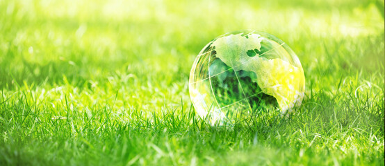 Globe glass on nature green grass background in natural sun light, Green world concept