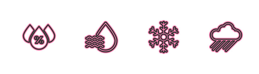 Set line Water drop percentage, Snowflake, and Cloud with rain icon. Vector