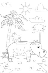 Jungle, Africa safari animal Hippo coloring book edicational illustration for children. Vector white black cartoon outline illustration
