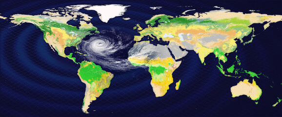 Giant hurricane in the Atlantic Ocean on the atlas of the world with concentric circles from the...