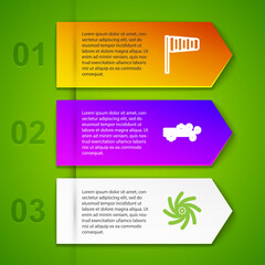 Set line Cone windsock wind vane, Wind and snow, Tornado and Cloud with lightning. Business infographic template. Vector