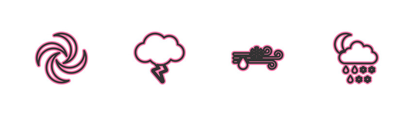Set line Tornado, Wind and rain with snow, Storm and Cloud rain, moon icon. Vector