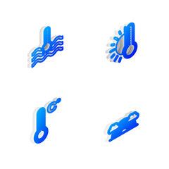 Set Isometric line Thermometer with sun, Water thermometer, Meteorology and Rainbow clouds icon. Vector