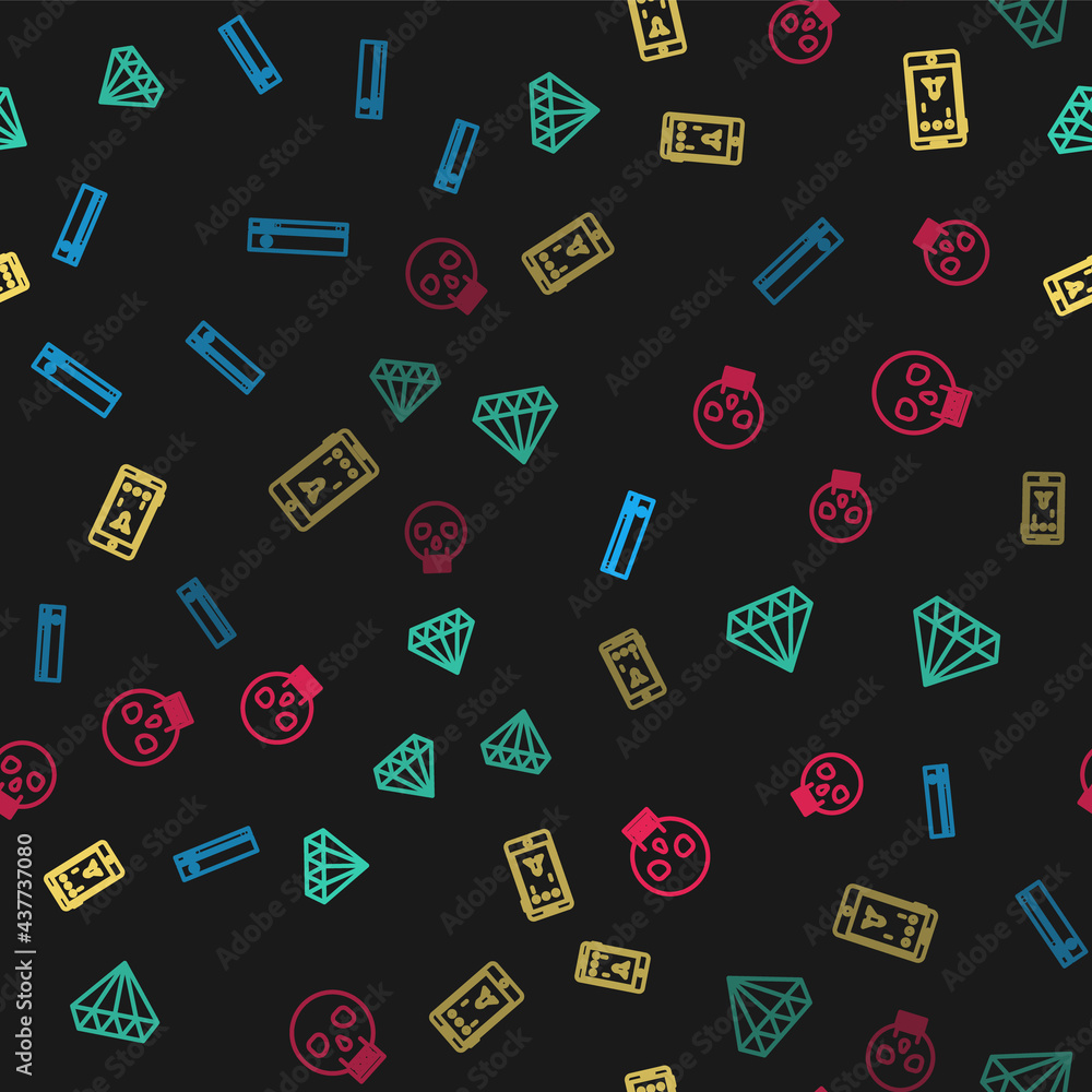 Poster set line video game console, diamond, mobile and playing in and skull on seamless pattern. vector