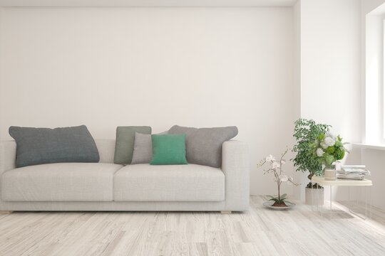 White living room with sofa. Scandinavian interior design. 3D illustration