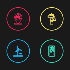 Set line Wind turbine, Smart control farming system, Automatic irrigation sprinklers and Location and tree icon. Vector