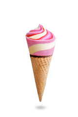 Pink and yellow ice cream in waffles cone on a white isolated background