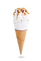 Caramel nuts vanilla ice cream in waffle cone on a white isolated background