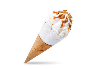 Caramel nuts vanilla ice cream in waffle cone on a white isolated background