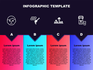 Set line Inflammation on face, Honeycomb with honey dipper, Mold and Can container for milk. Business infographic template. Vector