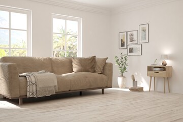 White living room with sofa and summer landscape in window. Scandinavian interior design. 3D illustration