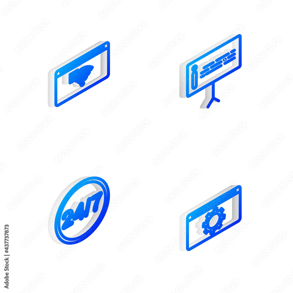 Aufkleber set isometric line information, no internet connection, clock 24 hours and setting icon. vector