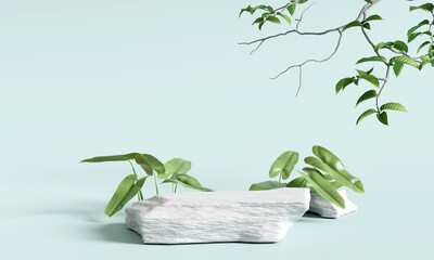 Stone product display podium with nature leaves on blue background. 3D rendering