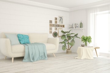 Soft color living room with sofa. Scandinavian interior design. 3D illustration
