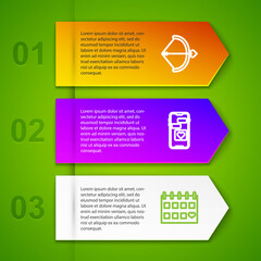 Set line Bow and arrow, Mobile with heart, Calendar and Heart tag. Business infographic template. Vector