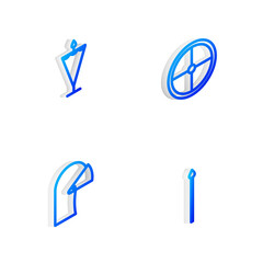 Set Isometric line Round wooden shield, Medieval flag, iron helmet and spear icon. Vector