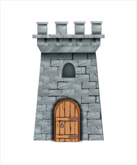 Old stone castle tower, vector medieval brick wall fortress, wooden door, loopholes. Fairytale game history building, gray donjon, window, city entrance. Castle tower isolated fantasy illustration © Oleksandra