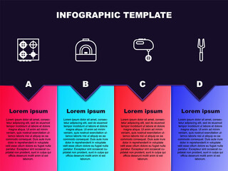 Set line Gas stove, Oven, Electric mixer and Barbecue fork. Business infographic template. Vector