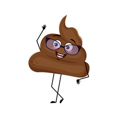 Cute shit character with glasses and joyful emotions, smile face, happy eyes, arms and legs. A mischievous turd with eyes. Vector flat illustration