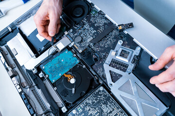 Computer repair hardware technology. Technician electronic pc service from engineer man. Digital...
