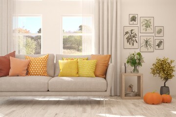 Stylish room in orange color with sofa and autumn landscape in window. Scandinavian interior design. 3D illustration