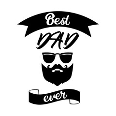 Best Dad Ever label. Isolated Happy Fathers day quote on ribbon. Hipster man with beard, mustache and glasses. Vintage logo with daddy face. Holiday poster with typography sign.