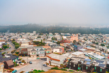 aerial, aerial view, america, architecture, bay, blue, bridge, building, business, california, city, cityscape, district, downtown, downtown district, dusk, famous place, finance, financial, financial