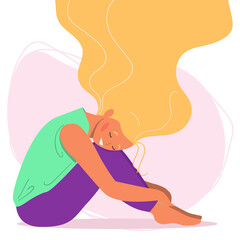 Happy woman with streaming hair sits on the floor. Body positive and health care concept. Vector illustration in flat cartoon style