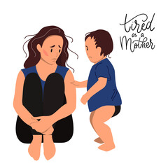 Fototapeta premium Sad mother sitting on the floor with her crying child. Postpartum depression concept. Colorful vector illustration in flat cartoon style.
