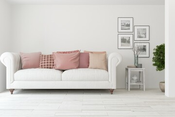 White living room with sofa. Scandinavian interior design. 3D illustration