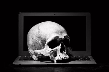 Cybercrime or hacking concept. Laptop in dark room under beam of light with a skull. Idea of virus...
