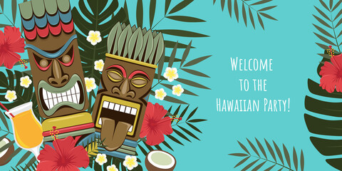 Hawaiian tiki statues banner. Party invitation. Template for banner, flyer, invitation.