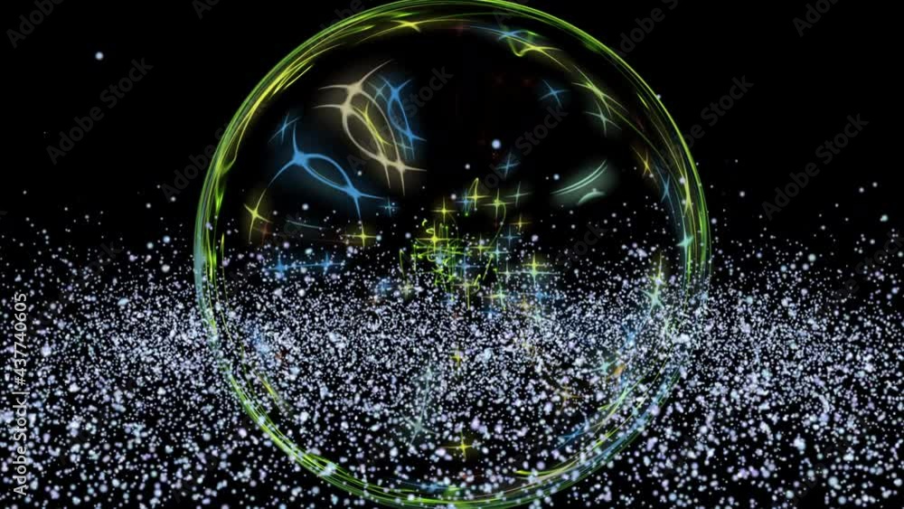 Poster abstract soap bubble close-up emitting stars on the background of snowflakes in outer space. 4k. fut