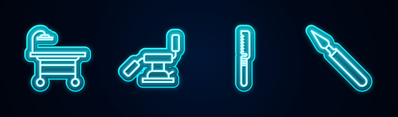Set line Operating table, Medical dental chair, saw and surgery scalpel. Glowing neon icon. Vector