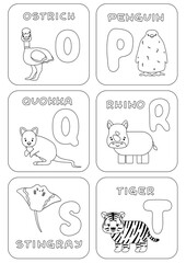 English O-T alphabet family kids game. Coloring pages with animals and letters that can be used for learning, education, relax, childish games. Vector cartoon doodle illustrations for print