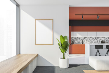 Orange and gray kitchen interior with bar and poster