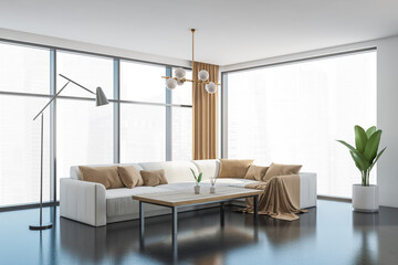 Naklejka na ściany i meble Light living room interior with sofa and pillows near panoramic window
