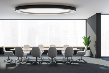 Fototapeta premium Classic panoramic grey conference room interior with long table and round lamp