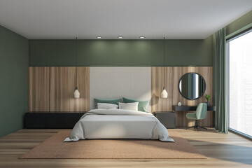 Wooden green bedroom interior with bed on parquet floor, window with curtains